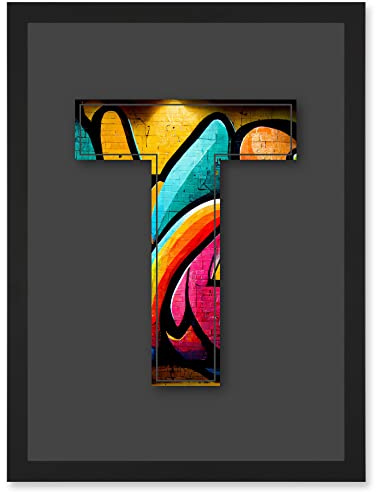 Wee Blue Coo Letter T Tagging Bright Multicoloured Decorative Graffiti Mural Alphabet Initial Stencil Artwork Framed Wall Art Print A4