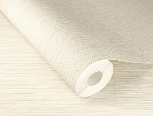 Rasch Tapete 537628 - Cremeweiße Vliestapete Uni mit feiner Linien-Struktur, Kollektion Curiosity - 10,05m x 0,53m