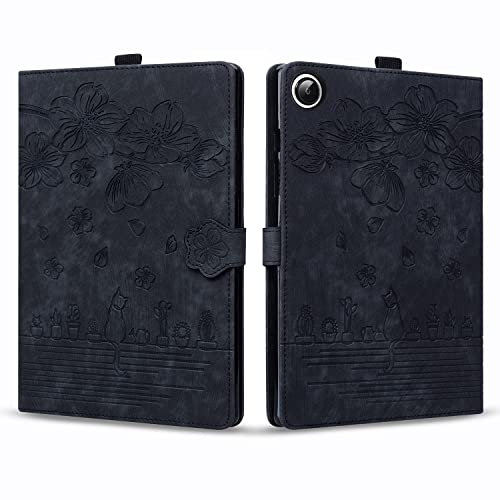 Rosbtib Coque pour Samsung Galaxy Tab A8 10,5 Pouces 2021 SM-X200/X205/X207, Etui Cuir PU avec Fentes Cartes Magnétique Housse Galaxy Tab A8, Noir Chat Sakura