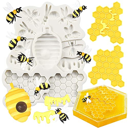 Xidmold Biene Bienenwaben Fondant Silikonform, Biene Und Waben Muster Silikon-Formen Backform für Fondant, Tortendeko, Schokolade, Harz Handwerk