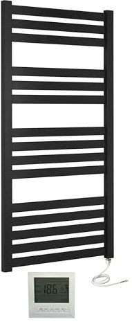 Greened House VAS 500 x 1165mm Designer Black Electric Towel Warmer Flat Panel Towel Rail + Timer and Room Thermostat