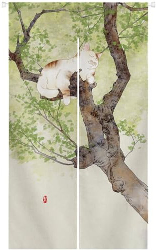 Ofat Home Tenda giapponese Noren con gatto sull'albero, tenda per armadio, tenda a pannello personalizzata da appendere alla finestra Noren, 85 x 150 cm