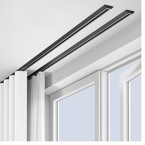 Vorhangschiene Gardinenschiene Vorhang Double Rail， Vorhangschienen-System mit leisen Rollen for Raumteiler Wohnmobil Vorhänge RV Schlafzimmer Wohnzimmer Vorhang Schiene ( Color : Black , Size : 12f