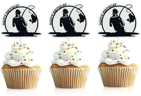 TzTwodcaz Fishing Cake Topper 24Pcs Paper Cupcake Decorations for Outdoor Gone Fishing Themed Birthday Party Supplies, Unique Design, 2.5''wide 2.1''high, Set of 24
