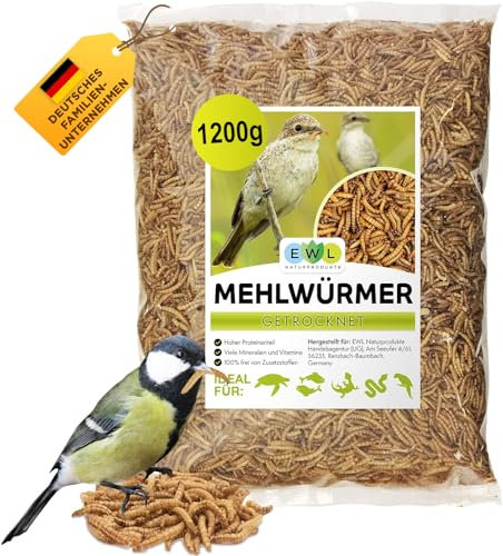 Mehlwürmer getrocknet 1,2kg = 7800ml Insektensnack für Vögel, Fische, Schildkröten, Nager und Reptilien, Vogelfutter Wildvögel Ganzjährig, Eichhörnchen Futter, Igelfutter