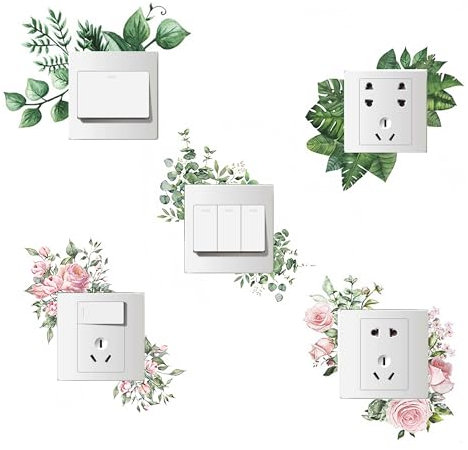 TINGWEN 5 Piezas Pegatinas de interruptor de luz Pegatina pared planta verde impermeable PVC Autoadhesivo interruptor luz PVC Engomada Interruptor Para salón,dormitorio,baño,cocina,estudio (#1)