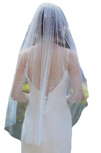 Wisafory Brautschleier Perlen Weiß Hochzeitsschleier Elegent Kirche Braut Schleier 1 Stöckig Weicher Tüll Perlenschleier Haarschmuck für Hochzeit Junggesellinnenabschied mit Kamm 100cm