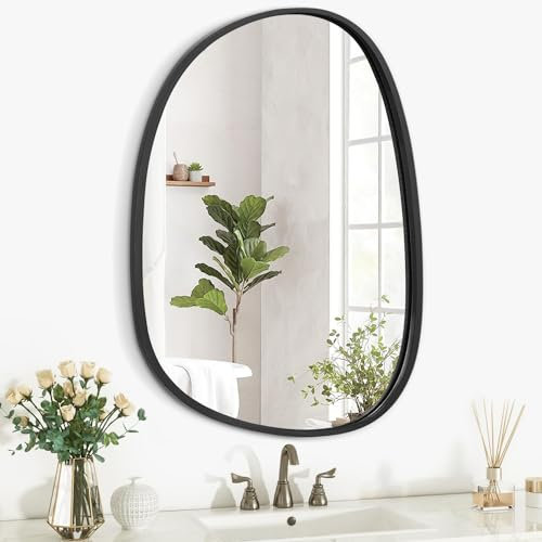 Lzuso Holzrahmen Hängespiegel für Wand Asymmetrisch Unregelmäßig Schwarz Oval Wandspiegel für Badezimmer Wandspiegel Dekorativ für Schlafzimmer Wohnzimmer Flur Einzigartig Spiegel