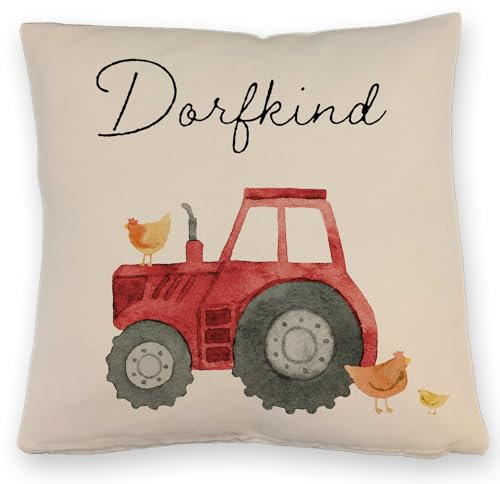 speecheese Dorfkind roter Traktor Kissen mit Leinenoptik Landwirt Bauernkind Traktor Hühner Mann Kerl Männliches Dorfkind Deko Landwirtschaft Trecker Schlepper
