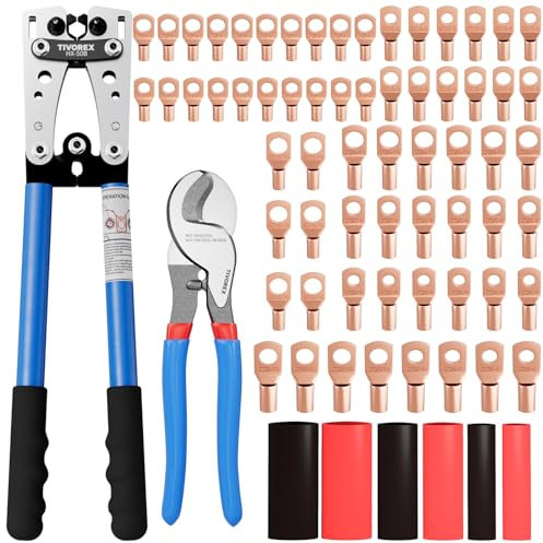 TIVOREX Outil de sertissage de cosse de câble de batterie pour cosse électrique AWG 8-1/0, avec coupe-câble, 64 bornes à anneau et 70 tubes thermorétractables