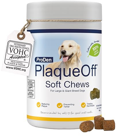 ProDen PlaqueOff Soft Chews für Zahnpflege Hund, Dose mit 60 Hunde Leckerlis, Natürliche Zahnreinigung Hund, für große Hunde, Hunde Zahnpflege für frischen Atem und Zahnbelag entfernen