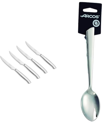 Arcos Serie Cuchillos de Mesa - Juego 4 uds Cuchillo Chuletero, Hoja Serrada de Acero Inoxidable de 110 mm, Color Plata & Serie Toscana, Juego de Cucharas de Mesa, 3 cucharas