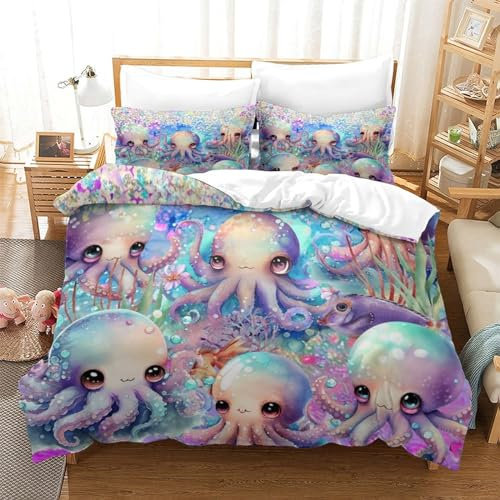 FWLYIJIAREN Niedlicher Oktopus Home Collection 3D Bettbezug Mikrofaser Bettwäsche-Sets, Bettbezüge Mit Reißverschluss Und Kissenbezüge 3teilig Geeignet Für Jungen Und MädchenSuper King(260x220cm)