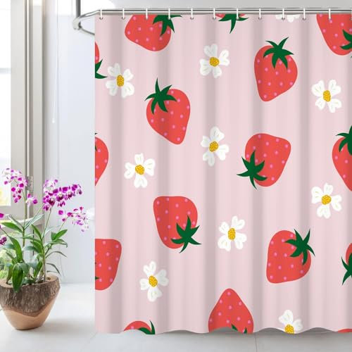 Inshere Simpatica tenda da doccia per bagno con 12 ganci, rosa divertente fragola frutta fiore tende da doccia set per decorazione bagno 183 x 183 cm tessuto impermeabile