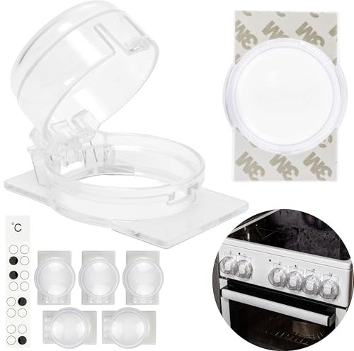 Herdknopf Kindersicherung, 6 Pack, Montage ohne Knopf Demontage, für max. Ø 4,9 cm und 4 cm hohe Herdknöpfe Schutz mit min. 6,1 cm Abstand Mitte-Mitte, transparenter Kleber, Herdschutz Baby Sicherung