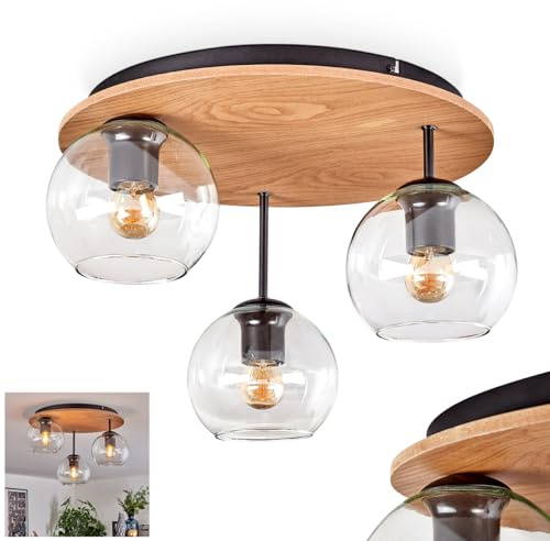 HOFSTEIN Deckenleuchte Koyoto, Deckenlampe aus Metall/Holz/Glas in Schwarz/Natur/Klar, moderne Leuchte im Retro/Vintage-Design (Ø Schirme 15 cm), 3 x E27, Schlafzimmer, Wohnzimmer, Küche, Esszimmer