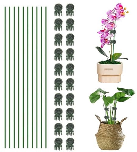 Feliciay 10pcs Plant Support Stakes with 20pcs Plant Clips,Garden Stakes,Bendable Plant Stakes Plant Sticks for Orchid Stem Support,Dark Green,Outdoor and Indoor Plants