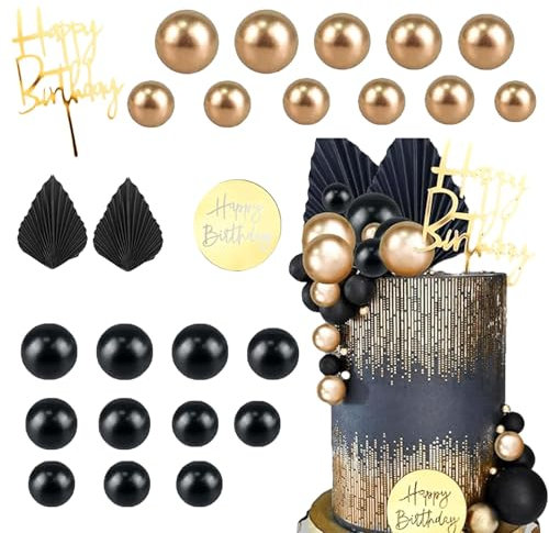26Pcs Cake Decorations Black and Gold Balloon Cake Topper with Paper Palm Fan Cake Decorations DIY Birthday Party Dessert Decoration for Wedding Birthday Anniversary Holiday (Black gold) (Black gold)