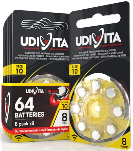 64 Batterie per Apparecchi Acustici Udivita Misura 10 (Gialle) PR70 Zinco Aria con Phono Pulse Technology - 8 Blister da 8 Pile