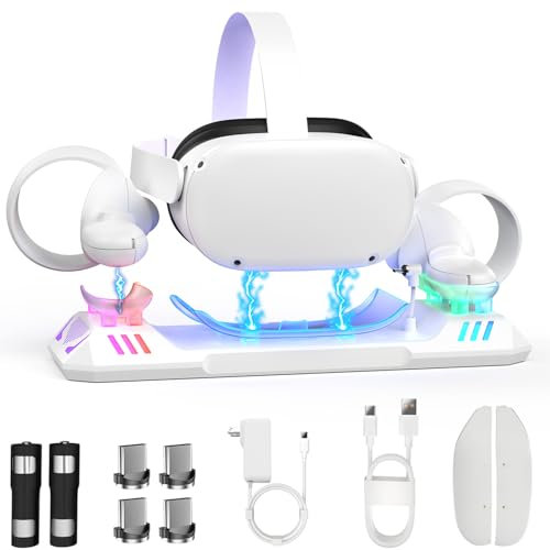 RGB Charging Dock for Oculus Quest 2, Magnetic Charging Station for Meta Quest 2 VR Headset & Controllers, with 2 Rechargeable 2100mAh Batteries, USB-C Charger and Cable, Supports LED Indicator