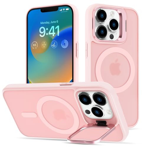 Coque pour iPhone 13 Pro Max Magnétique Compatible avec MagSafe, Béquille de Caméra en Métal Invisible, Protection Militaire Antichoc Etui Résistant Aux Rayures Translucide Mat Arrière Case, Rose
