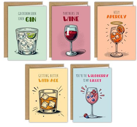 5x Karten zu verschiedenen Anlässen - Geburtstagskarten, Glückwunschkarten - mit Umschlägen - Aperol, Wein, Gin, Whiskey, Lillet - DIN A6 Klappkarten