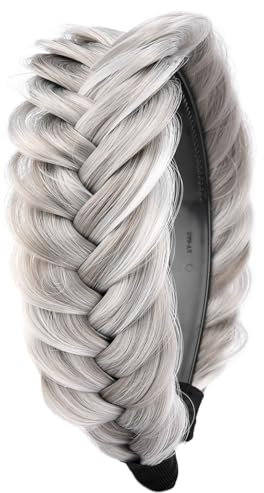 Gledola Wide Messy Braided Headband with Teeth Synthetic Hair Braided Headband High Elasticity Braids Braided Hair Band Hairpiece for Girls Women (Rauchgrau)