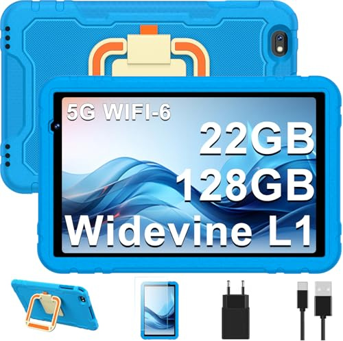 JUEDUR Android 14 Tablet 10 Cali, 22GB RAM 128GB ROM(TF 1TB), 2.4G+5G WiFi6, 8000 mAh, Widevine L1, 8 Rdzeni 2,0 GHz, wyświetlacz HD 1280 x 800, Bluetooth 5.0, Obracany o 360°EVA Case - Niebieski