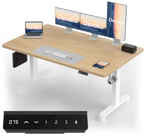 Devoko Höhenverstellbarer Schreibtisch mit 2 Motoren,25mm Einteilige Tischplatte, 160x80 cm Mobiler Elektrisch Computertisch mit Kabel Management, Eiche - Perfekte Ergonomie für Dein Büro