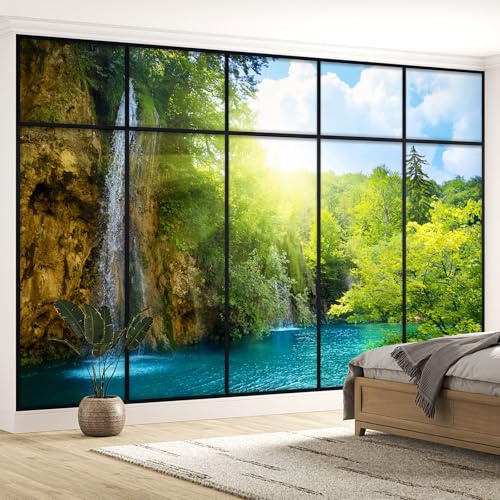 Lumalea - Papier peint panoramique Trompe l'oeil Verrière Cascades - Largeur 340 cm x Hauteur 215 cm