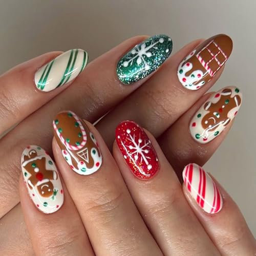 Bestvisse Faux ongles avec pain d'épice motif bonhomme de Noël à presser sur les ongles au chocolat maison ongles artificiels
