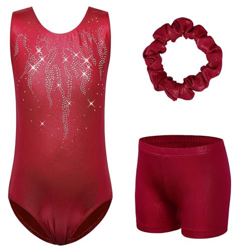 HUAANIUE Mädchen Kinder Gymnastikanzug Set Trikot + Shorts + Haarschmuck Ärmelloser Tanzanzug 3-14 Jahre (KHB364-Weinrot, 7-8 Jahre)