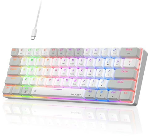 TECKNET 60% Mechanical Gaming Keyboard-RGB Backlit,Ultra Compact Mini 61 Keys Gaming Keyboard with Detachable Cable&Adjustable Stand,Portable Wired Clicky Keyboards(Grey&White)