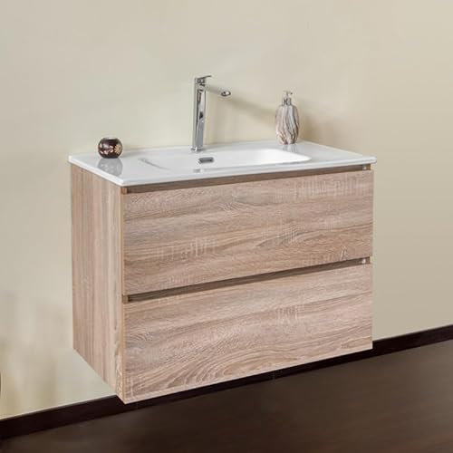 Yellowshop | Mobile Bagno Sospeso CLOE - Composizione Completa con Lavabo Ceramica, Chiusura Soft Close, Finitura Rovere (90 cm, Mobile con Lavabo)