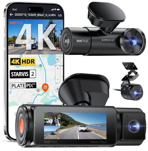 VANTRUE N4 Pro S 3 Kanal 4K+1080P+1440P STARVIS 2 Dashcam Auto, HDR 5G WiFi PlatePix™ Dash Cam, wasserdichte Rückfahrkamera, Puffer Parkmodus, IR Nachtsicht, LTE Optional, Sprachsteuerung, Max 1TB