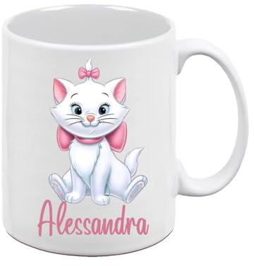 irpot Tazza colazione bianca in ceramica con stampa personaggio a scelta possibilità di personalizzazione Idea regalo festa a tema compleanno battesimo natale bomboniera (Gattina Minù Aristogatti)