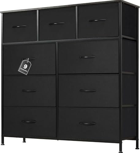 DUMOS Kommode mit Schubladen - Kommoden & Sideboards für Schlafzimmer Geeignet, Komodenschrank mit 9 Schubladen, Stoffkommode mit Stabilem Stahlrahmen, Ideal für Schlafzimmer, Wohnzimmer (Schwarz)