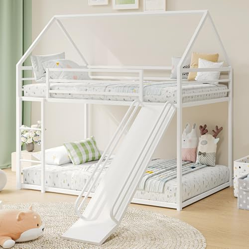 Tufons Metal Bunk Bed with Convertible Slide & House Roof Design - Twin-Over-Twin Low Frame | Full Guardrail, Montessori Style (White)