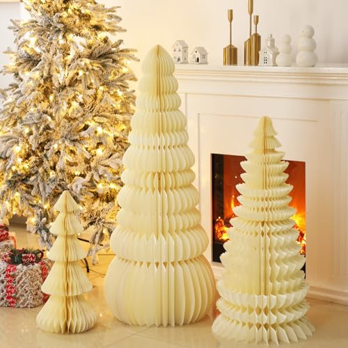 AmazingSpark 3-teiliges großes Wabenweihnachtsbaum – 1,2 m, 0,9 m, 60 cm, Papier, faltbar, 3D-Heimdekorationsset mit magnetischem Design für Winterferien, festliches Partyzubehör (Beigeweiß)