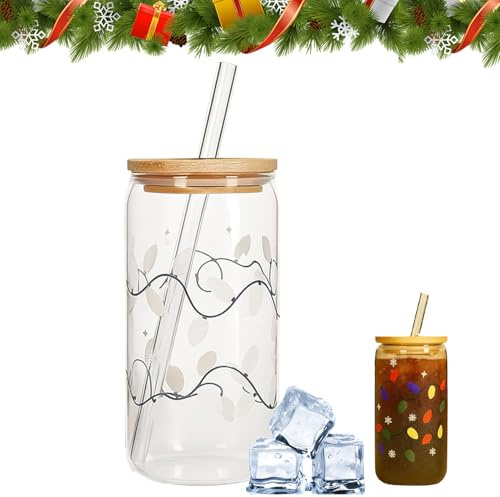 Color Changing Christmas Cup, Colour Changing Christmas Glass Cup with Lids and Straws, Reusable Travel Coffee Cups, Multipurpose Glass Drink Bottle for Iced Coffee, Cappuccino Tea Latte Milk Juice