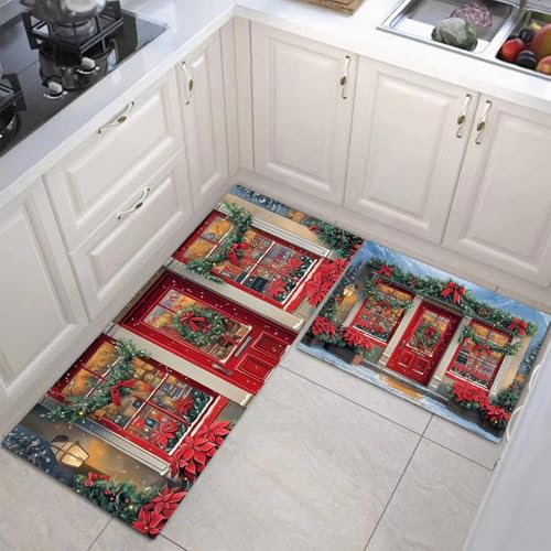 MULERN Küchenteppich Teppich Läufer Küchenläufer 2 Stück, Ölgemälde, Weihnachten Laden, rutschfest Waschbar für Flur Küche, 40x60cm+40x120cm Mischfarben