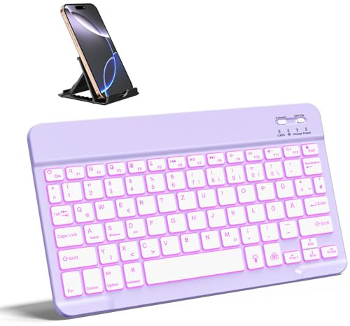 Vobafe Bluetooth Tastatur 7-Farbiges Beleuchtete Tastatur iPad, QWERTZ DE | mit Telefonhalter, Ultradünn Kabellose Tastatur für iPad/Tablet/Laptop/Smartphone (iOS/Android/Windows Systeme), Lavendel