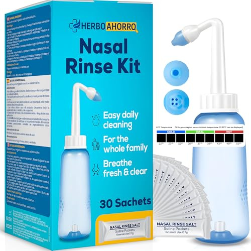 Kit de Lavado Nasal con Válvula de Control de Agua – Irrigador Nasal con 30 Sobres de Sal – Puntas para Adultos y Niños – Limpieza Nasal Diaria - Incluye termometro - Capacidad de 300ml