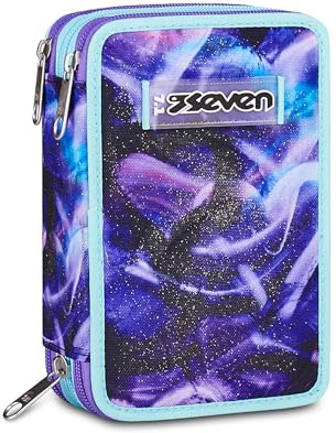 Seven Astuccio Scuola Elementare, 3 scomparti, Medie, con Matite, Pennarelli, Penne, 3 Zip, Lovepass, Bambina, Ragazza, viola/blu