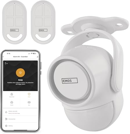EMOS GoSmart - PIR Bewegungsmelder-Alarm mit 125 dB Sirene und App, Dual-Betrieb - Anti-Diebstahl Alarm-Kit Typ IP-126L mit 2X Fernbedienung und 6X Türsensor - Tuya, Smart Life - 2,4 GHz WiFi - weiß