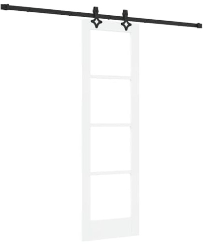 Porte coulissante blanche en pin massif et verre 61 x 198,5 cm avec rail silencieux, peu encombrante et robuste pour intérieur avec kit de montage inclus, idéal pour salon et couloirs