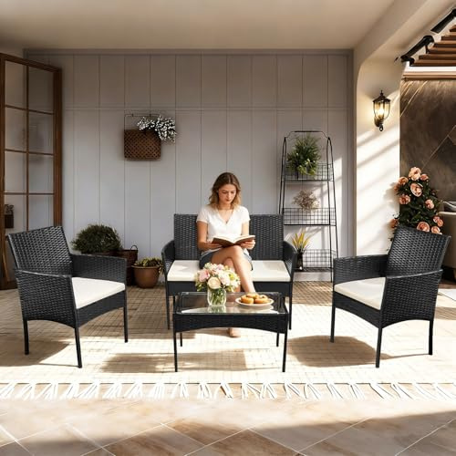 Duisrech Ensemble de meubles de jardin 4 pièces en rotin synthétique avec table en verre, 2 fauteuils et canapé 2 places, salon compact avec coussins de 5 cm pour balcon, terrasse, jardin, noir