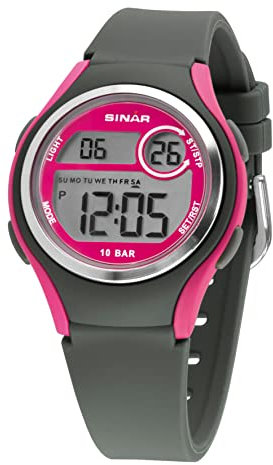 SINAR Mädchen-Armbanduhr Jugenduhr Sportuhr Outdoor Digital Quarz 10 bar mit Silikonband und Licht Grau Pink XE-64-8