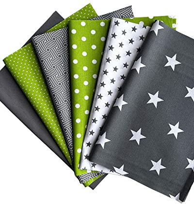 babrause® Stoffpaket Patchwork Baumwollstoffe 12 x (25x35cm) grün grau weiß - Stoffe - Punkte, Sterne, Rauten, Pünktchen, Sterne