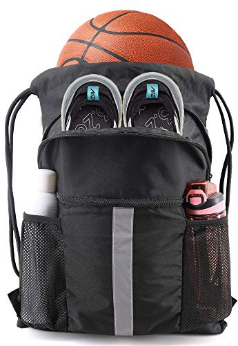 BeeGreen Drawstring Backpack Sports Gym Bag With Shoe Compartment and Two Water Bottle Holder
